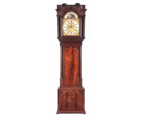 TRYALL RIDER, MANCHESTER. A GEORGE III FLAMED MAHOGANY LONGCASE CLOCK the swan-neck pediment with pierced sound frets and den