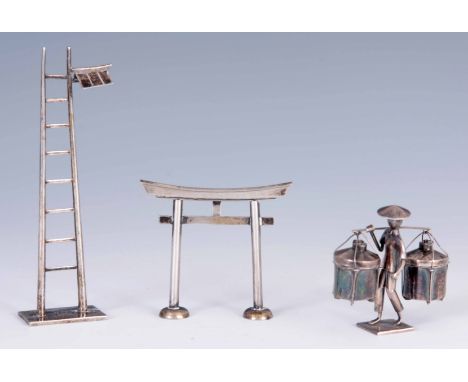 THREE SMALL PIECES OF CHINESE SILVER comprising a ladder, a coolie and a gateway 6cm high