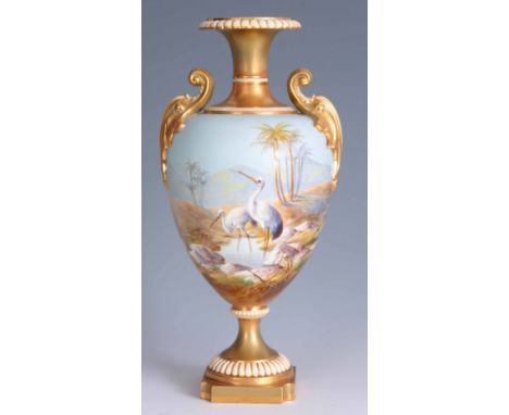 A FINE ROYAL WORCESTER CABINET VASE BY WILLIAM POWELL finely painted with a continuous scene of two Storks in a landscape of 