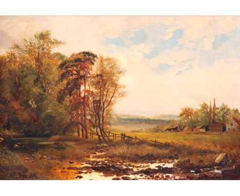 EDWARD HARGITT, SCOTTISH. 1835 - 1895. OIL ON PANEL. Country scene with stream and cottages 33.5cm high 48.5cm wide - signed 