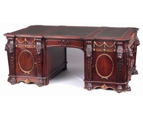 A LARGE 20th CENTURY CHIPPENDALE STYLE MAHOGANY AND GILT PARTNERS DESK the moulded rectangular top inset with three tooled le