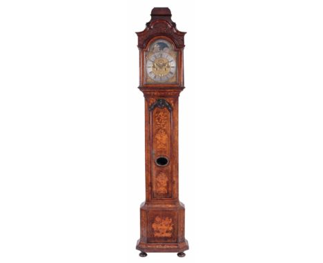 JOHANNES LOGGE, AMSTERDAM. AN EARLY 18th CENTURY DUTCH WALNUT AND MARQUETRY LONGCASE CLOCK the caddy top pediment above a sha