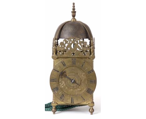 FRANCIS STAMPER, LONDON. A RARE LATE 17th CENTURY LANTERN CLOCK WITH BALANCE WHEEL CONTROL with 6.25" brass engraved Roman ch