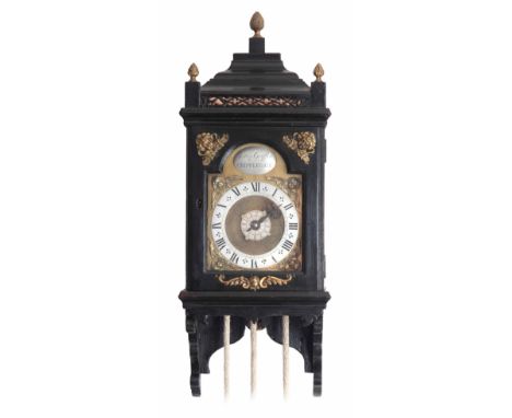 JOHN GRIFFIN, CRIPPLEGATE. AN EARLY 18th CENTURY EBONISED HOODED WALL CLOCK OF SMALL PROPORTIONS the caddy top sliding hood o