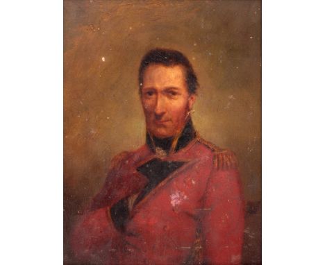 A 19TH CENTURY OIL ON PANEL  Half length portrait of a military gentleman wearing a red coat  21 by 16.5cm ribbed and leaf mo