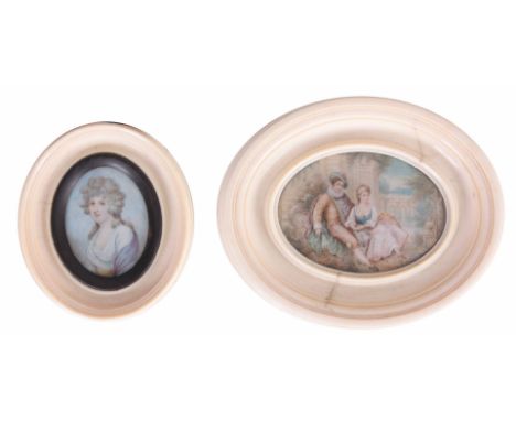 TWO PORTRAIT MINIATURES IN OVAL IVORY FRAMES one 19th century depicting a romantic scene 6.5cm high 9cm wide the other 18th c