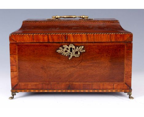 AN EARLY GEORGE III INLAID AND CROSSBANDED MAHOGANY TEA CADDY OF LARGE SIZE with concave moulded lid and brass rococo handle;
