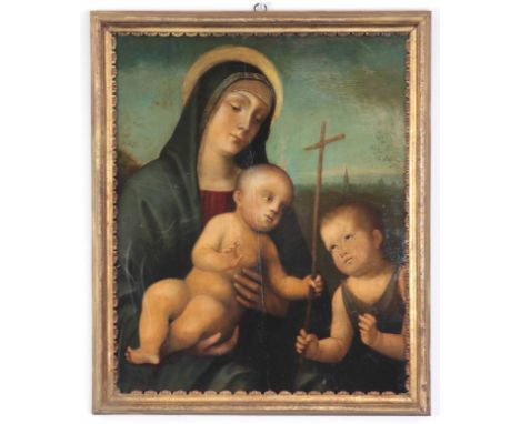 A 16TH/17TH CENTURY ITALIAN SCHOOL RENAISSANCE OIL ON PANEL of a Madonna and child with the infant John the Baptist 60cm high