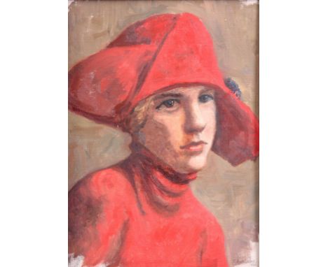 AN EARLY 20th CENTURY OIL ON BOARD. Portrait of a young girl with red hat 36.5cm high 26.5cm wide - indistinct signature and 