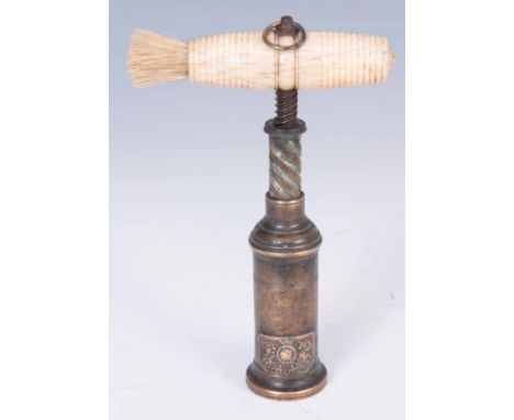 AN EARLY 19th CENTURY THOMASON BRASS CORKSCREW with embossed plaque 'NE PLUS ULTRA' and bone handle