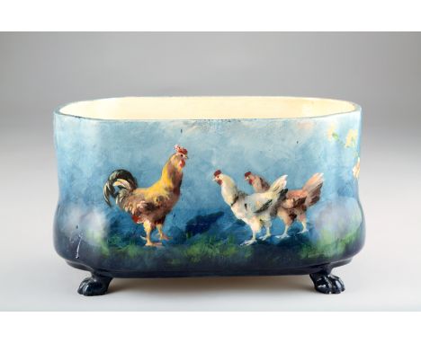 19th Century French ceramic bulb trough, raised on four paw feet, decorated with cockerel and hens signed, and marked to base