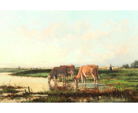 Joh Van Altena (Danish 19th/20th Century), Framed oil on canvas, signed, ‘Dutch: Landscape, with cows and figures’, 57cm x 88
