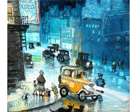 Nick Holly ARR, Framed oil on canvas, signed, ‘Vintage Street Scene’, 28cm x 27cm 