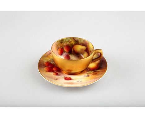 Royal Worcester coffee cup and saucer, decorated with hand painted fallen fruit, signed GH Cole date coded 1912