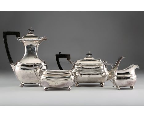 Late Victorian silver four piece tea service, graduated edge raised on spherical bun feet, assay marked Sheffield 1900, appro