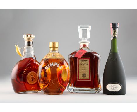 Dimple Old Blended Scotch Whisky 26 2/3 fl ozs., Metaxa Private Reserve 3457/5000 70cl boxed, Veccia Romagna Reserve Rara Olt