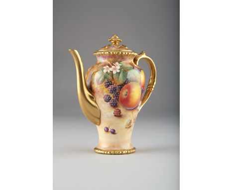 Royal Worcester blank artist signed coffee pot, hand painted with autumn fallen fruit 1980, 21cm high, by Dave Fuller