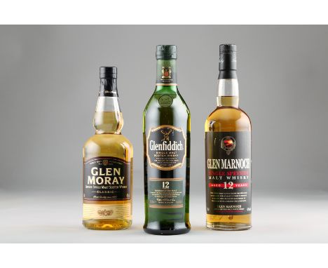 Glenfiddich 12 year old Our Signature Single Malt Scotch Whisky 70cl boxed, Glen Marnoch 12 year old Single Speyside Malt Whi
