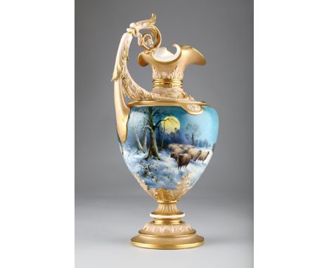 A fine Royal Worcester ewer by Harry Davis, dated 1905, in Renaissance style, the intricate scrolled handle and moulded borde