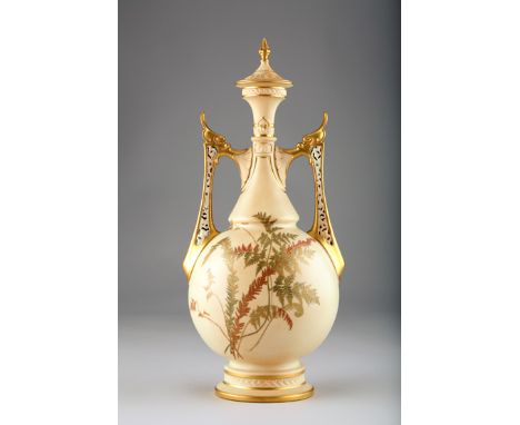 Royal Worcester vase and cover, with twin reticulated handles, blush ware decorated with ferns, Model No. 1071, 40cm high