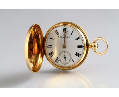 Gents 18 carat gold Hunter pocket watch, enamel dial with Roman numerals seconds subsidiary dial by E. Berger &amp; Co. engin