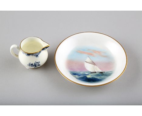 Royal Worcester pin dish, hand painted yacht at sea, signed Rushton, date coded 1922, 10cm diameter and a miniature jug, date