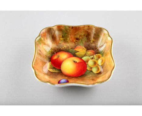 Royal Worcester square trinket dish, decorated with hand painted fallen fruit signed A. Shuck, 12cm x 12cm date coded 1941