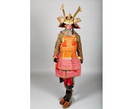 Luxurious pink and orange laced Japanese Samurai armour Kabuto from the Meiji period (1868-1912) The armour includes a brass 