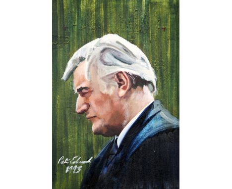 Peter Edwards (born 1955) ARR, Oil on canvas, signed, ‘Portrait Study of Ted Hughes (1930-1998)’, 60cm x 50cm 