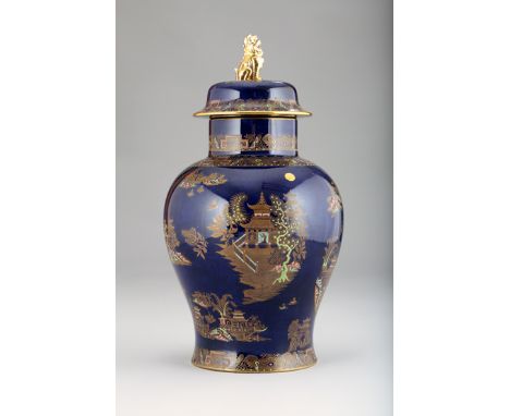 Large Carlton ware vase and cover, Kang Hsi, cobalt blue ground decorated with pagoda, black swallow factory mark to base. 36