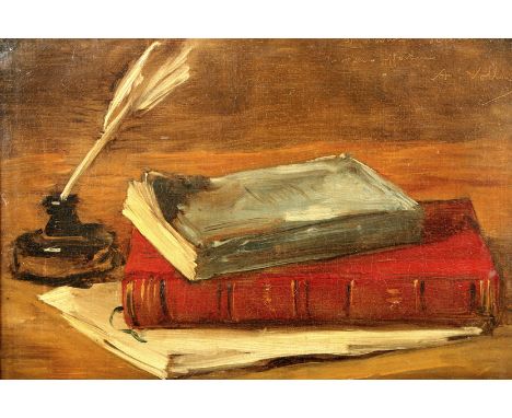Antoine Vollon (French Realist 1833-1900), Framed oil on canvas, signed and inscribed, ‘The Study Table, books, inkwell and q