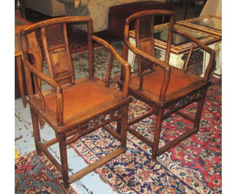 ARMCHAIRS, a pair, Chinese elm with rattan panel seats, each 56cm W x 43cm D x 93cm H. (2)