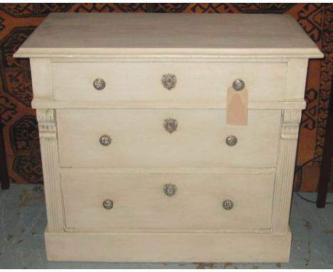 COMMODE, 19th century French traditionally grey painted with three long drawers and fluted columns, 90cm x 47cm x 76cm H. 