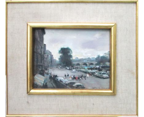 JULES R HERVE, 'Town square and river', oil on canvas, 45cm x 40cm, signed, framed.