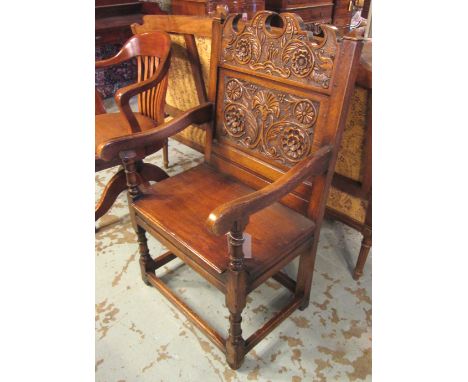 OPEN ARMCHAIR, Jacobean style, carved oak, 59cm W x 55cm D x 108cm H. 