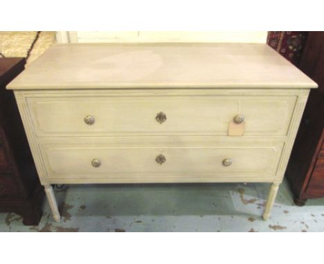 COMMODE, French Louis XVI style traditionally grey painted with two long drawers and turned supports, 120cm x 81cm H x 58cm.