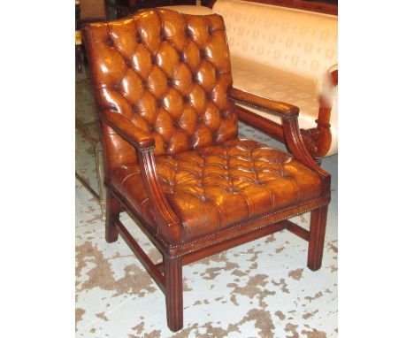 GAINSBOROUGH ARMCHAIR, George III design mahogany and button tan brown leather of wide proportions. 