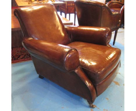 CLUB ARMCHAIR, tan brown leather, Ralph Lauren style with deep seat and turned front supports. 