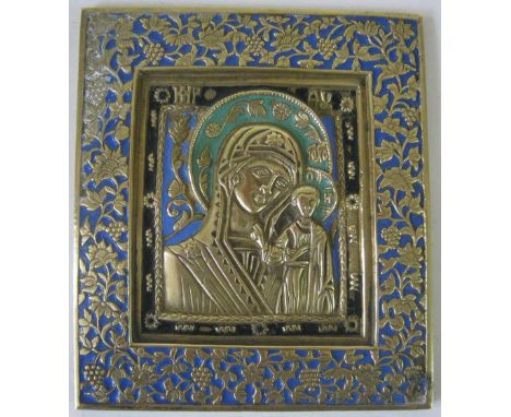RUSSIAN ICON, cast brass with blue enamel decoration, depicting the Mother of God with Christ, 11.25cm H x 9.75cm W. 