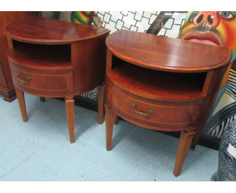 BEDSIDE TABLES, a pair, demi-lune form, mahogany, open shelf with single drawer on fluted legs, 53cm W. (2)