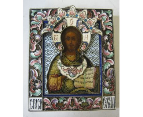RUSSIAN ICON, Christ pantokrator with hallmarked silver and coloured enamel oklad and halo, 6.75cm H x 5.5cm.