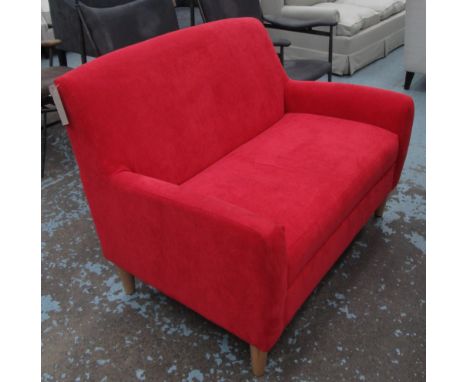 SOFA, red, of compact proportions, 120cm W x 88cm H x 79cm D. (with faults)