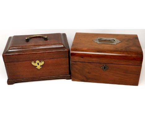 Mahogany cased tea caddy and a walnut jewellery box. P&amp;P Group 3 (£25+VAT for the first lot and £5+VAT for subsequent lot