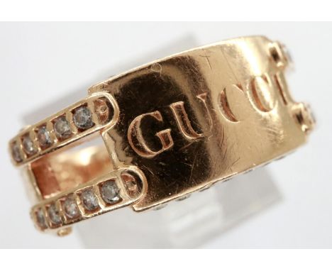 Gucci 14ct rose gold diamond set ring, size O/P, 5.0g. P&amp;P Group 1 (£14+VAT for the first lot and £1+VAT for subsequent l