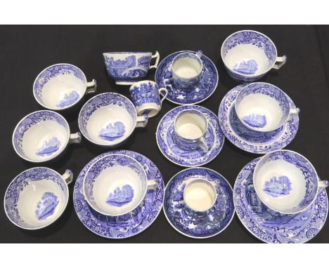 Nine Copeland Spode teacups, four coffee cups and saucers, largest H: 70 mm, slight use wear, otherwise good. P&amp;P Group 3