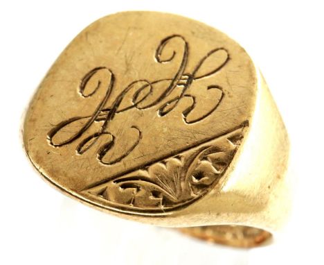 9ct gold signet ring, inscribed H&amp;H, size R, 6.5g. P&amp;P Group 1 (£14+VAT for the first lot and £1+VAT for subsequent l