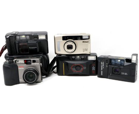 Five point and shoot Compact cameras to include Olympus, Nikon and Ricoh, (one cased). P&amp;P Group 2 (£18+VAT for the first