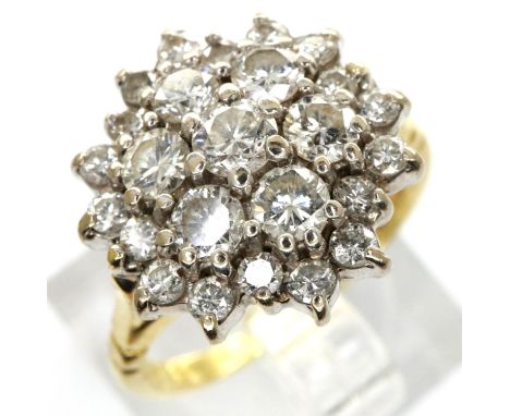 18ct gold cluster diamond set cocktail ring, size K/L, 4.4g. P&amp;P Group 1 (£14+VAT for the first lot and £1+VAT for subseq