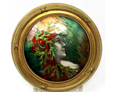 Rare Jeanne Soubourou Limoges enamel plaque on copper D: 10 cm, frame D: 14 cm, signed Jane Soubourou Limoges. Very slight lo