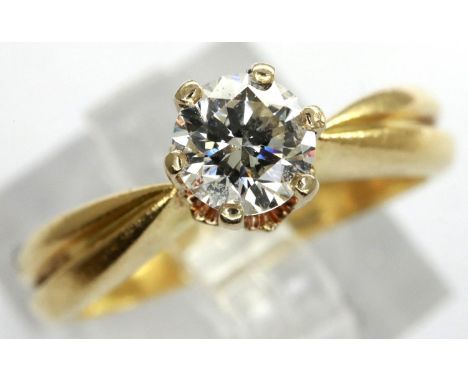 18ct gold (unmarked) solitaire diamond set ring, size J/K, approximately 0.4cts, 4.4g. Diamond approximately D: 3.5 mm. P&amp